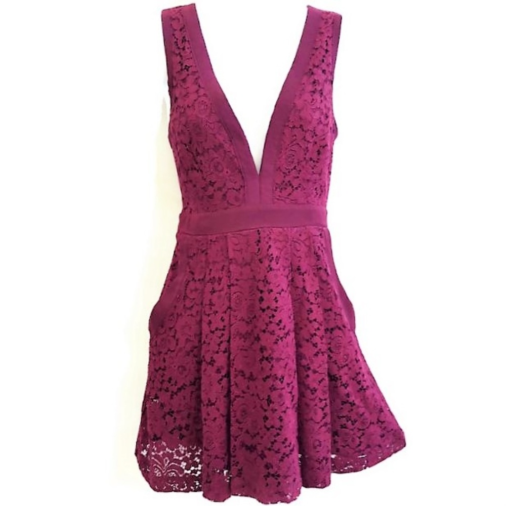 Free People Mini Dress Pleated Lace Eyelet Cutout Back Lined Wine Pockets S